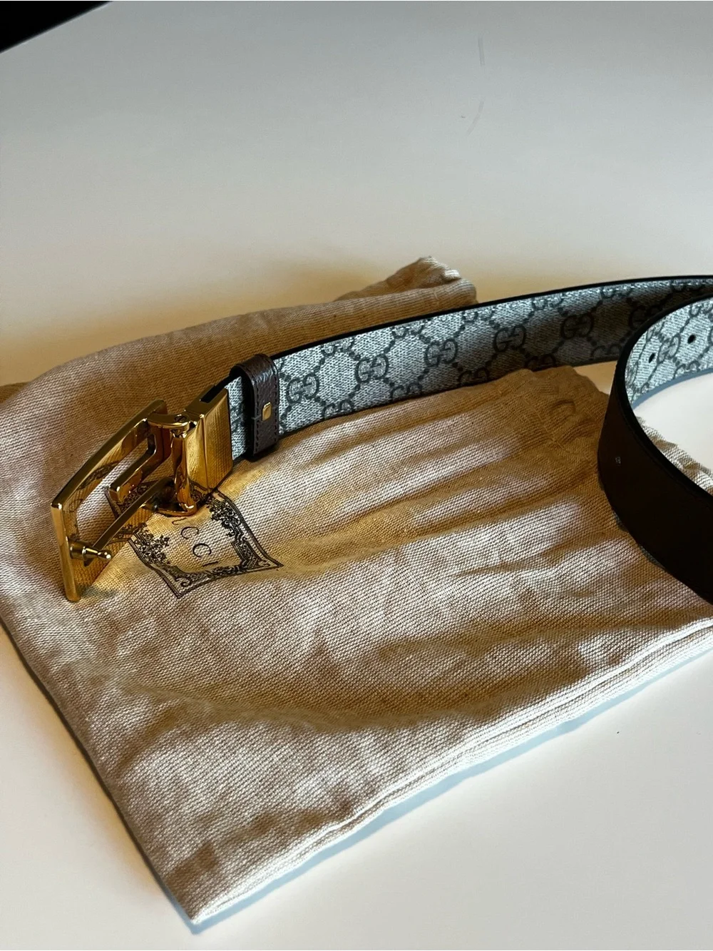 Gucci Reversible Leather Belt - Gold Square G Buckle (Brown and GG Canva)